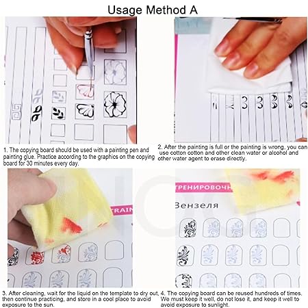 GV518 INOG Nail Art Book Design Practice with 3 Pieces Rose Gold Nail Liner Pen, 360 Pieces Nail Wipes, Drawing Lines, Painting Template, Learning Book Reuseable
