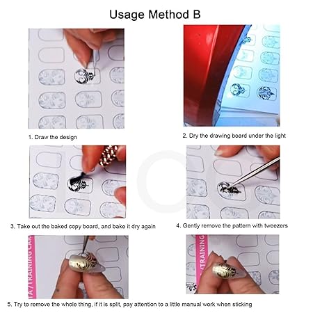 GV518 INOG Nail Art Book Design Practice with 3 Pieces Rose Gold Nail Liner Pen, 360 Pieces Nail Wipes, Drawing Lines, Painting Template, Learning Book Reuseable