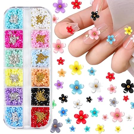 GV519 INOG 3D Flower Nail Art Kit Nail Decals Nail Charms with Golden Beads for Women Girls, 12 Color DIY Resin Flower Decals for Nails Salon Accessories with Grid Case