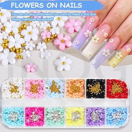 GV519 INOG 3D Flower Nail Art Kit Nail Decals Nail Charms with Golden Beads for Women Girls, 12 Color DIY Resin Flower Decals for Nails Salon Accessories with Grid Case