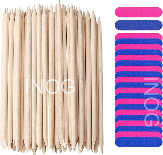 GV522 INOG 200 Pcs Nail Art Pedicure Tools, 100 Pcs Mini Nail Files Double Sided Fingernail Files Emery Boards and 100 Pcs Nail Cuticle Sticks Orange Sticks for Nails