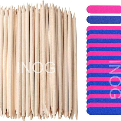 GV522 INOG 200 Pcs Nail Art Pedicure Tools, 100 Pcs Mini Nail Files Double Sided Fingernail Files Emery Boards and 100 Pcs Nail Cuticle Sticks Orange Sticks for Nails
