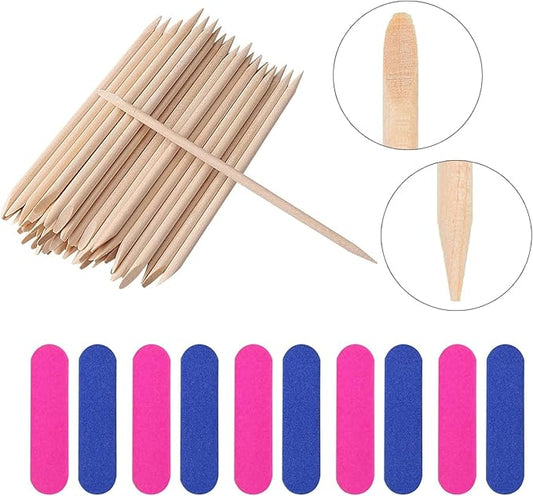 GV522 INOG 200 Pcs Nail Art Pedicure Tools, 100 Pcs Mini Nail Files Double Sided Fingernail Files Emery Boards and 100 Pcs Nail Cuticle Sticks Orange Sticks for Nails