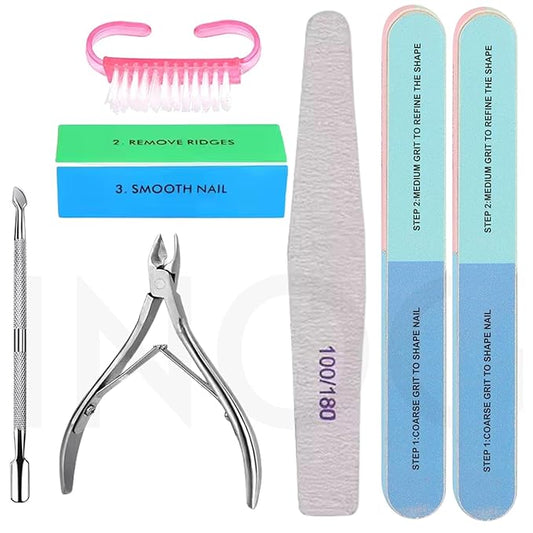 GV526 INOG Manicure Nail File Kit – 1 Pcs Double Sided Nail File, 4- Step Buffing Block, 7 Way NailFile and Buffers, 2 Pcs Cuticle Clipper & Pusher 1 Dusting Brush, Complete Nail Kit with Buffer for Salon Nail Art