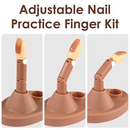 GV527 INOG Practice Hand for Acrylic Nails Adjustable Fake Mannequin Fingers - 3PCS Training Set With Acrylic Base and 100PCS Brown Nail Tips - Movable & Flexible For Nail Art Practice