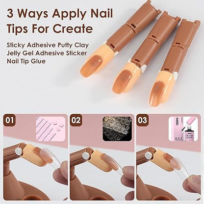 GV527 INOG Practice Hand for Acrylic Nails Adjustable Fake Mannequin Fingers - 3PCS Training Set With Acrylic Base and 100PCS Brown Nail Tips - Movable & Flexible For Nail Art Practice