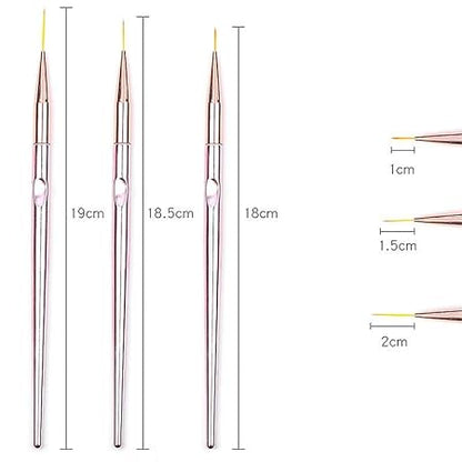 GV528 INOG 3 Pcs Rose Gold Nail Art Liner Brushes Set, UV Gel Acrylic Application Nail Pens Nail Art Designs Tools(7mm/9mm/11mm)