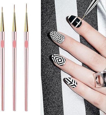 GV528 INOG 3 Pcs Rose Gold Nail Art Liner Brushes Set, UV Gel Acrylic Application Nail Pens Nail Art Designs Tools(7mm/9mm/11mm)