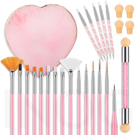 GV529 INOG 26 Pcs Nail Art Brushes with Nail Art Palette Set, Nail Tech Supplies Tools Nail Polish Mixing Palette Double-Ended Dotting Pen for Nail Art