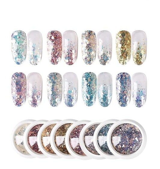 GV530 INOG Nail Art Gradient Glitter Magic Color Changing Laser Thin Sequins Mixed Mirror Hexagon Shape Mermaid Flakes Spangles Palette Craft Glitters Holographic Manicure D.I.Y (8 PCS)