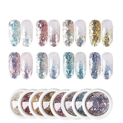 GV530 INOG Nail Art Gradient Glitter Magic Color Changing Laser Thin Sequins Mixed Mirror Hexagon Shape Mermaid Flakes Spangles Palette Craft Glitters Holographic Manicure D.I.Y (8 PCS)