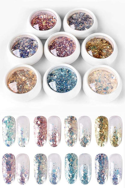 GV530 INOG Nail Art Gradient Glitter Magic Color Changing Laser Thin Sequins Mixed Mirror Hexagon Shape Mermaid Flakes Spangles Palette Craft Glitters Holographic Manicure D.I.Y (8 PCS)
