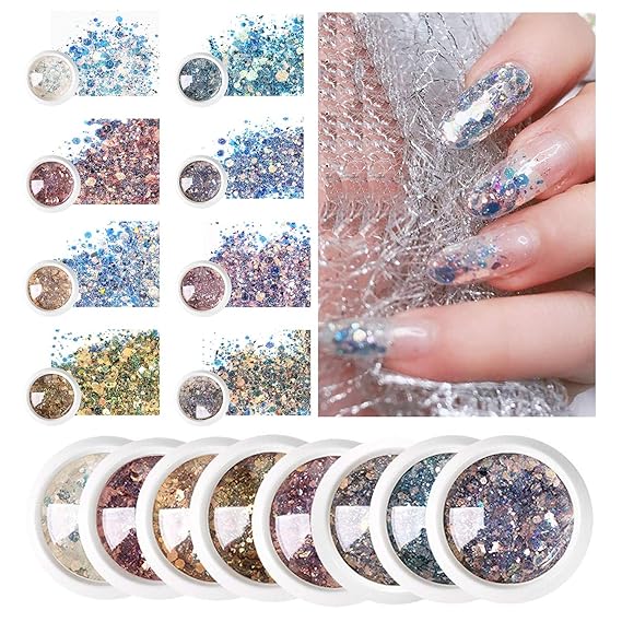 GV530 INOG Nail Art Gradient Glitter Magic Color Changing Laser Thin Sequins Mixed Mirror Hexagon Shape Mermaid Flakes Spangles Palette Craft Glitters Holographic Manicure D.I.Y (8 PCS)