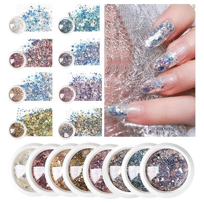 GV530 INOG Nail Art Gradient Glitter Magic Color Changing Laser Thin Sequins Mixed Mirror Hexagon Shape Mermaid Flakes Spangles Palette Craft Glitters Holographic Manicure D.I.Y (8 PCS)