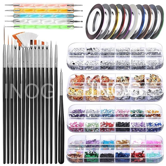 GV531 INOG Nail Art Decorations Kit, Nail Art Brush with Nail Pen Designer Dotting Tools Colors Holographic Butterfly Nail Glitter Foil Flakes Nail Tape Strips and Multi-Color Nails Rhinestones