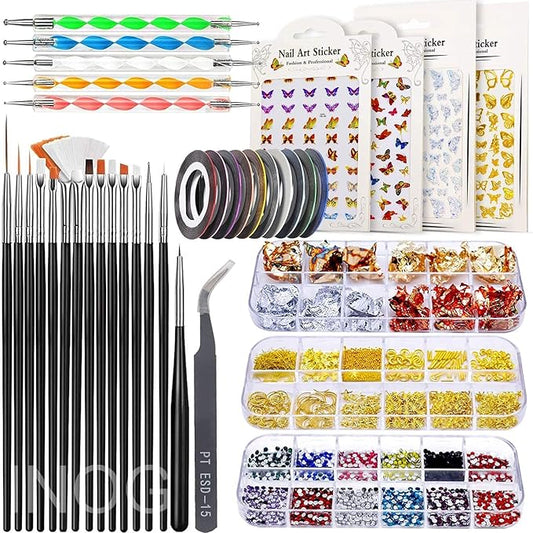 GV532 INOG Nail Art Stamping Kit, 3D Nail Art Tools with Pen & Brush Painting Polish Design Kit Nail Art Stickers Nail Foil Tape Strips and Nails Art Rhinestones