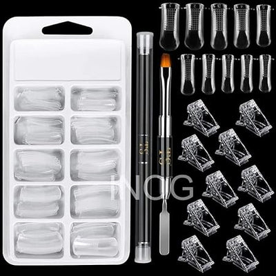 GV533 INOG Poly Gel Quick Building Nail Set,100Pcs False Nail Mold Clear Nail Extension Form Tips,10 Nail Tips Clip And 1Pcs Dual-Ended Poly Extension Brush Picker For Polygel Extension,Home Salon