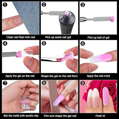 GV533 INOG Poly Gel Quick Building Nail Set,100Pcs False Nail Mold Clear Nail Extension Form Tips,10 Nail Tips Clip And 1Pcs Dual-Ended Poly Extension Brush Picker For Polygel Extension,Home Salon