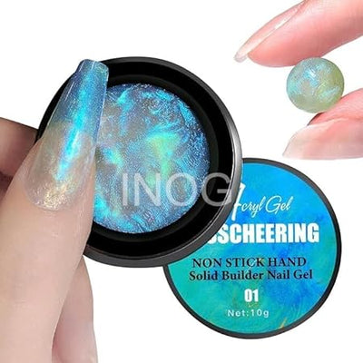 GV535 INOG Solid Builder Gel for Nails, Aurora Shimmer Hard Gel for Nail Extension, Non-Sticky Hand 3D Carving Sculpture Gel with Silicone Pen Decoration Mold for DIY Nail Art Home Salon (Aurora Blue)