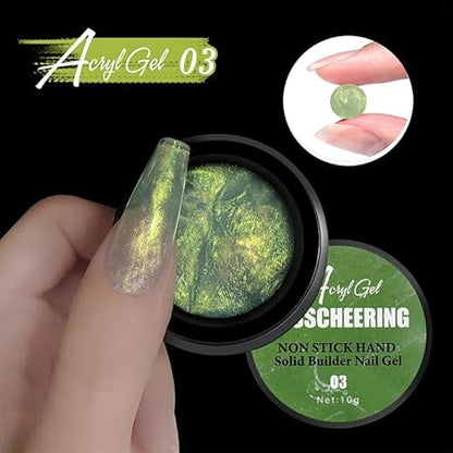 GV536 INOG Solid Builder Gel for Nails, Aurora Shimmer Hard Gel for Extension, Non-Sticky Hand 3D Carving Sculpture Gel With Silicone Pen Decoration Mold for DIY Art Home Salon (Aurora Green)