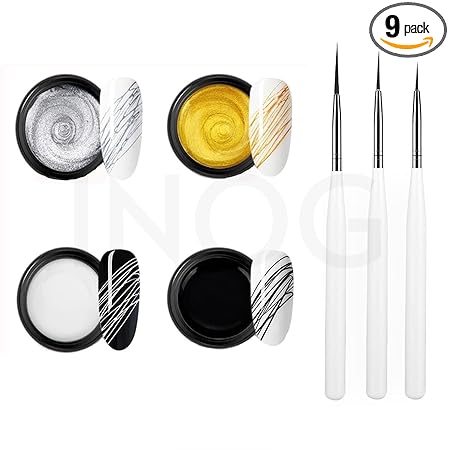 GV539 INOG 4 Colors Spider Gel with Nail Art Brushes, Wire Drawing Gel Polish for Line (White Black Gold Silver)