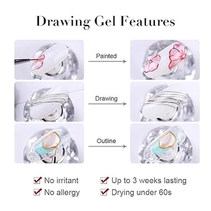 GV539 INOG 4 Colors Spider Gel with Nail Art Brushes, Wire Drawing Gel Polish for Line (White Black Gold Silver)