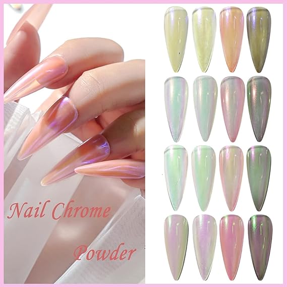 GV540 INOG 6PCS Mermaid Metallic Chrome Nail Powder Set, Mirror Effect Nail Art Powder, Holographic Pigment Glitter Dust for Gel Polish Manicure Decoration with Eyeshadow Sticks