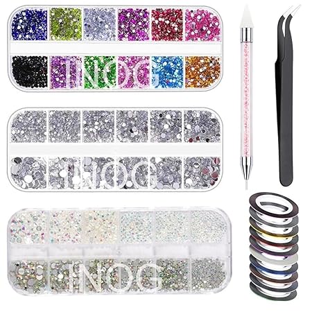 GV543 INOG Nail Art Kit For Girl Colorful Rhinestones Nail Design Tools Kit Multi Shapes Flatback Round Bead with Pickup Pen + Tweezer for DIY Manicure Craft Decoration Nail Art
