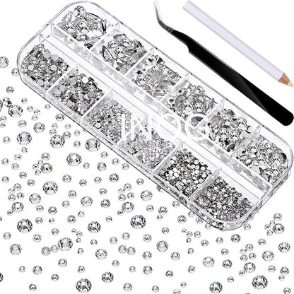 GV564 INOG 2400pcs Nail Art Rhinestones Kit: Crystal Clear Flatback Round Rhinestones (1.5-4.5 mm), with Storage Box/Wax Pencil/Tweezers for Nail Art Craft
