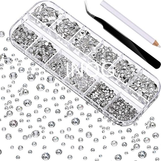 GV564 INOG 2400pcs Nail Art Rhinestones Kit: Crystal Clear Flatback Round Rhinestones (1.5-4.5 mm), with Storage Box/Wax Pencil/Tweezers for Nail Art Craft