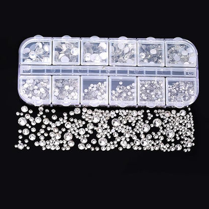 GV564 INOG 2400pcs Nail Art Rhinestones Kit: Crystal Clear Flatback Round Rhinestones (1.5-4.5 mm), with Storage Box/Wax Pencil/Tweezers for Nail Art Craft