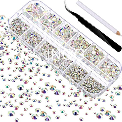 GV565 INOG Nail Art Rhinestones Kit 2400pcs Nail Gems Ab Flatback Rhinestones Gems Stones, with Storage Organizer Box/Wax Pencil/Tweezers (1.5-4.5 mm) for Nail Art Craft (2400pcs) (Crystal AB)