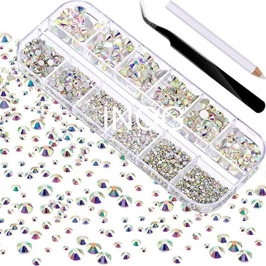GV565 INOG Nail Art Rhinestones Kit 2400pcs Nail Gems Ab Flatback Rhinestones Gems Stones, with Storage Organizer Box/Wax Pencil/Tweezers (1.5-4.5 mm) for Nail Art Craft (2400pcs) (Crystal AB)