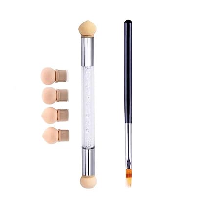 GV569 INOG 2pcs Brush Set Black Nail Ombre With Wood Handle Brush| Nail Art Tool Pen Dual Head Nail Sponge Brush Picking Dotting Gradient Ombre Nail Pen Brush with 4 Replacement Heads