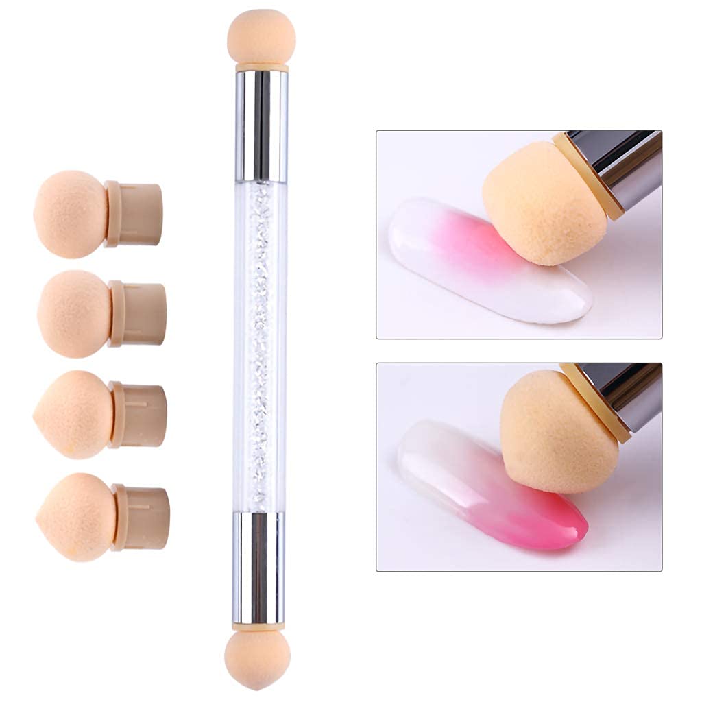 GV569 INOG 2pcs Brush Set Black Nail Ombre With Wood Handle Brush| Nail Art Tool Pen Dual Head Nail Sponge Brush Picking Dotting Gradient Ombre Nail Pen Brush with 4 Replacement Heads