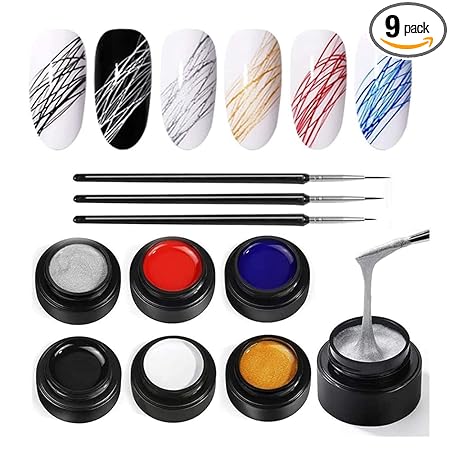 GV572 INOG 6 Colors Spider Gel, New Upgraded Matrices Spider Gel with 3pcs Nail Art Brushes, Nail Designs Gel Paint Wire Drawing Gel Polish for Line (White Black Red Blue Gold Silver)