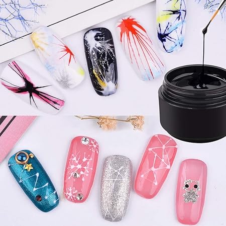 GV572 INOG 6 Colors Spider Gel, New Upgraded Matrices Spider Gel with 3pcs Nail Art Brushes, Nail Designs Gel Paint Wire Drawing Gel Polish for Line (White Black Red Blue Gold Silver)