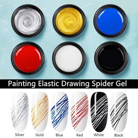 GV572 INOG 6 Colors Spider Gel, New Upgraded Matrices Spider Gel with 3pcs Nail Art Brushes, Nail Designs Gel Paint Wire Drawing Gel Polish for Line (White Black Red Blue Gold Silver)