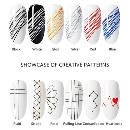 GV572 INOG 6 Colors Spider Gel, New Upgraded Matrices Spider Gel with 3pcs Nail Art Brushes, Nail Designs Gel Paint Wire Drawing Gel Polish for Line (White Black Red Blue Gold Silver)