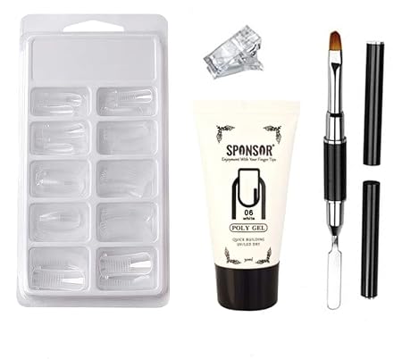 GV580 INOG Poly Gel Nail Extension Kit for UV Gel Nail Art Nail Extension Set (1 Polygel Tube, 100 Clear Nails + 1 Dual Ended Spatula + Nail Art Brush & Poly Nail Clips) (WHITE)
