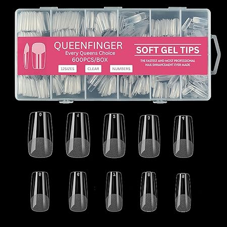 GV581 QUEENFINGER Gel X Nail Tips, Soft Gel Full Cover Clear Acrylic Nail Extensions for Manicure Nail Art Salon or Home DIY Use Medium Length ( 600PCS)