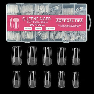 GV581 QUEENFINGER Gel X Nail Tips, Soft Gel Full Cover Clear Acrylic Nail Extensions for Manicure Nail Art Salon or Home DIY Use Medium Length ( 600PCS)
