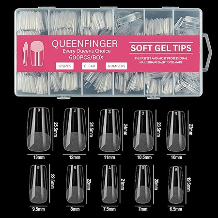 GV581 QUEENFINGER Gel X Nail Tips, Soft Gel Full Cover Clear Acrylic Nail Extensions for Manicure Nail Art Salon or Home DIY Use Medium Length ( 600PCS)