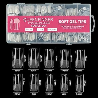 GV581 QUEENFINGER Gel X Nail Tips, Soft Gel Full Cover Clear Acrylic Nail Extensions for Manicure Nail Art Salon or Home DIY Use Medium Length ( 600PCS)