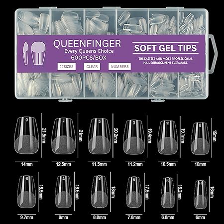 GV581 QUEENFINGER Gel X Nail Tips, Soft Gel Full Cover Clear Acrylic Nail Extensions for Manicure Nail Art Salon or Home DIY Use Medium Length ( 600PCS)
