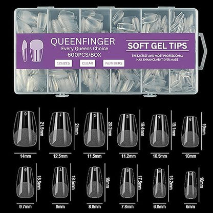 GV581 QUEENFINGER Gel X Nail Tips, Soft Gel Full Cover Clear Acrylic Nail Extensions for Manicure Nail Art Salon or Home DIY Use Medium Length ( 600PCS)