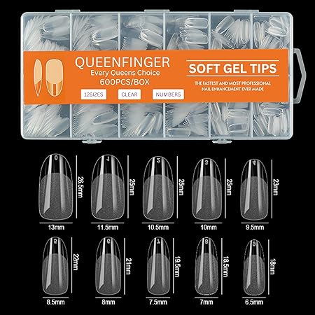 GV581 QUEENFINGER Gel X Nail Tips, Soft Gel Full Cover Clear Acrylic Nail Extensions for Manicure Nail Art Salon or Home DIY Use Medium Length ( 600PCS)