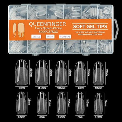 GV581 QUEENFINGER Gel X Nail Tips, Soft Gel Full Cover Clear Acrylic Nail Extensions for Manicure Nail Art Salon or Home DIY Use Medium Length ( 600PCS)