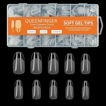 GV581 QUEENFINGER Gel X Nail Tips, Soft Gel Full Cover Clear Acrylic Nail Extensions for Manicure Nail Art Salon or Home DIY Use Medium Length ( 600PCS)