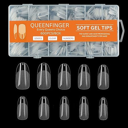 GV581 QUEENFINGER Gel X Nail Tips, Soft Gel Full Cover Clear Acrylic Nail Extensions for Manicure Nail Art Salon or Home DIY Use Medium Length ( 600PCS)